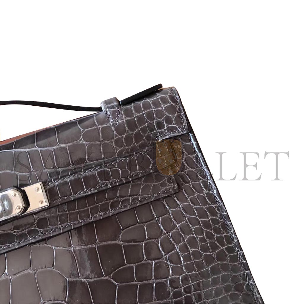 H**mes master mini kelly pochette glossy square crocodile elephant gray silver buckle (22*14*7cm)